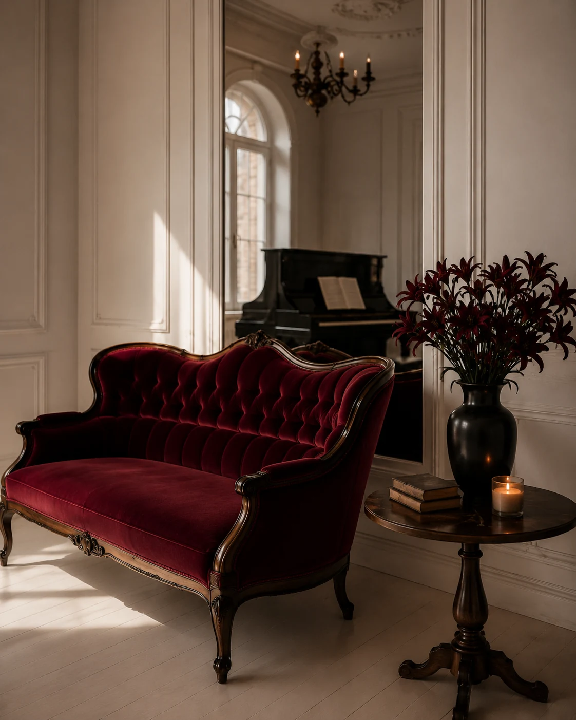 Bordowa francuska sofa, kwiaty i zabytkowe detale scenografii AMOUR